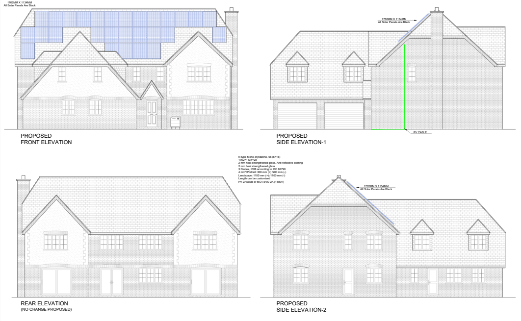 Fully annotated proposed elevations showing solar panel layout and cable runs on a residential property in Swindon